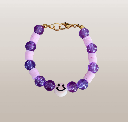 Bracelet - Elastic Pink & Purple clay & acrylic beads with gold lobster clasp