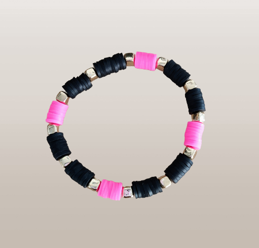 Bracelet - Elastic Black, Pink, and Gold clay & metal beads