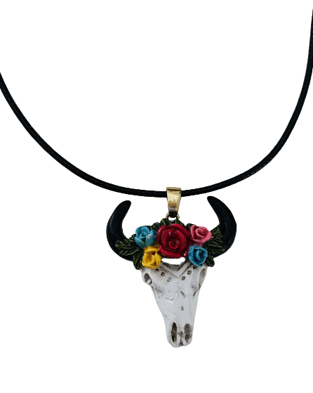 Necklace - 18 inches black leather cord with clasp with white bull with colorful flowers charm