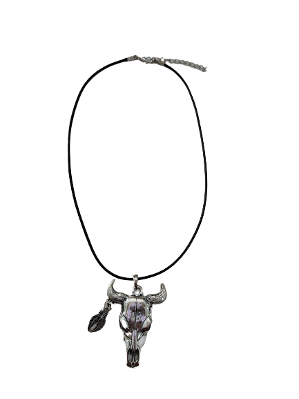 Necklace - 18 inches black leather cord with clasp with silver bull charm