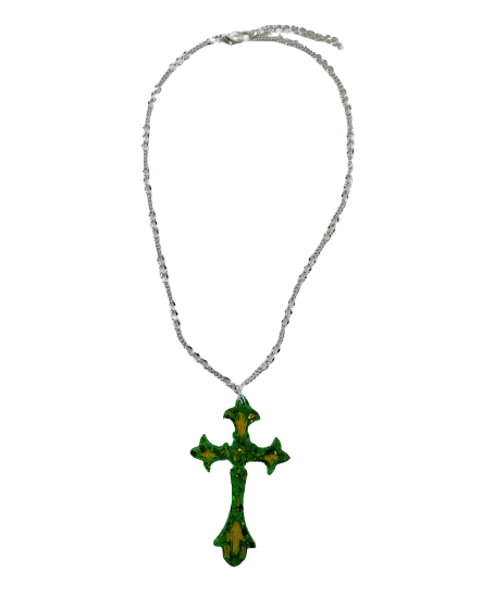 Necklace - 17.5 inches silver figaro chain with green yellow resin cross