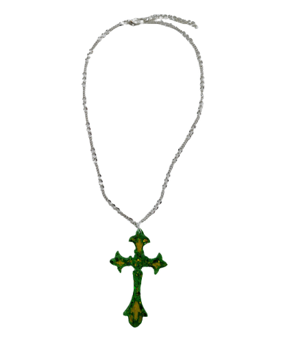 Necklace - 17.5 inches silver figaro chain with green yellow resin cross