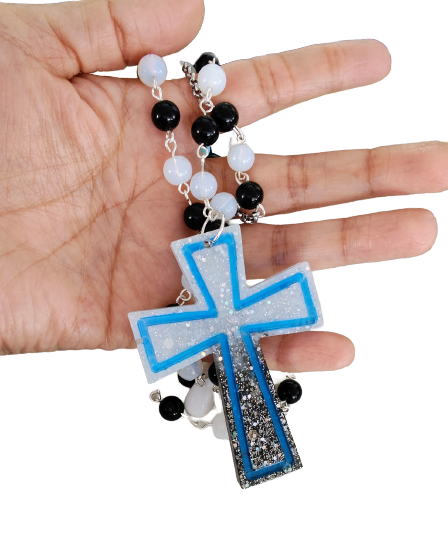 Necklace - 30 inches Rosary black & white glass beads with acrylic hearts and resin cross