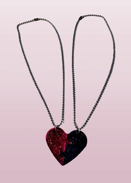 Necklace - Two 18 inches stainless steel ball chains with two resin half hearts