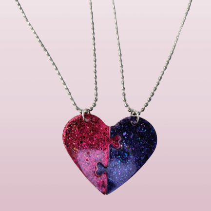 Necklace - Two 18 inches stainless steel ball chains with two resin half hearts