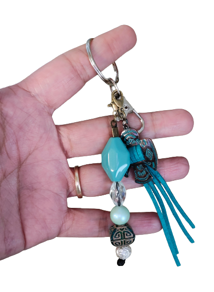 Keychain - Bronze bird teal tassel with teal clear and white beads