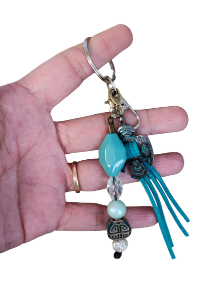 Keychain - Bronze bird teal tassel with teal clear and white beads