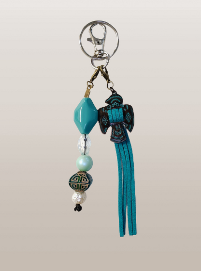 Keychain - Bronze bird teal tassel with teal clear and white beads