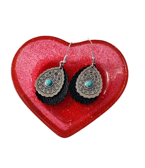 Earrings - Silver & Black leather tear drop with blue bead on silver hook