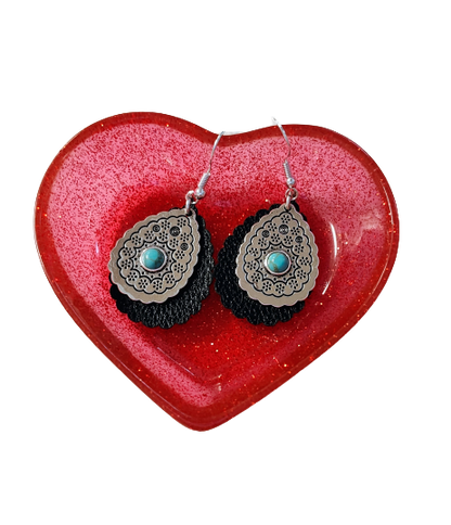 Earrings - Silver & Black leather tear drop with blue bead on silver hook