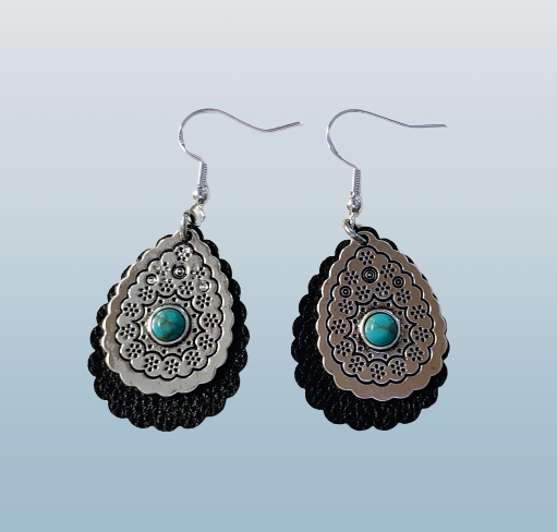 Earrings - Silver & Black leather tear drop with blue bead on silver hook