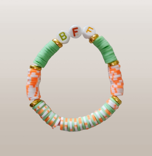 Bracelet - Elastic "BFF" with colorful clay beads and gold spacer beads