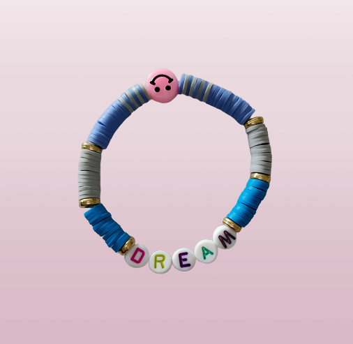 Bracelet - Small 6 inches elastic "Dream" colorful clay beads with spacer beads and a happy face bead