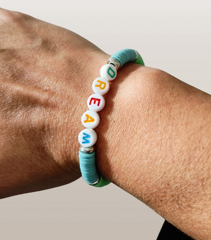 Bracelet - Small 6 inches elastic "Dream" colorful clay beads with spacer beads and a happy face bead