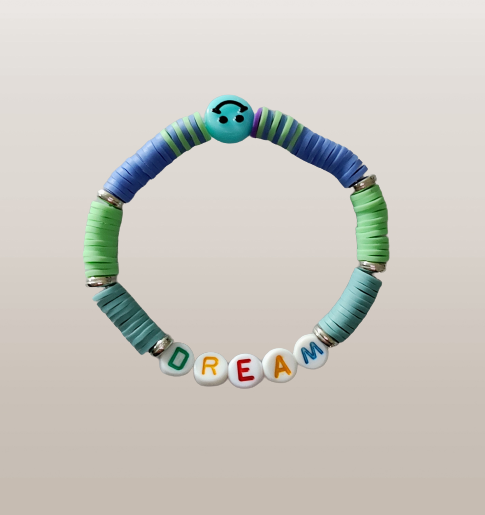 Bracelet - Small 6 inches elastic "Dream" colorful clay beads with spacer beads and a happy face bead