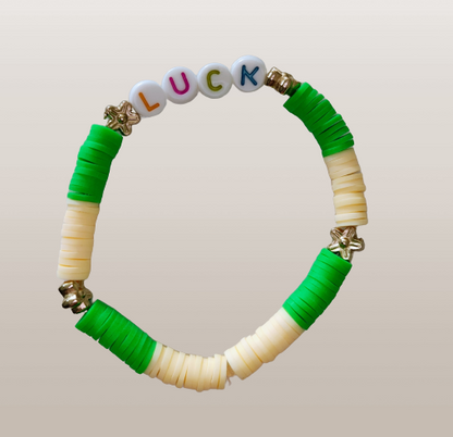 Bracelet - Small 6.5 inches elastic "Luck" green & yellow clay beads with gold flower spacer beads