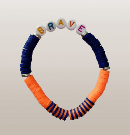 Bracelet - Small 6.5 inches elastic "Brave" with navy & orange clay beads and silver spacer beads