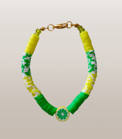 Bracelet - Medium 7 inches elastic green & yellow with lemon clay beads with gold lobster clasp