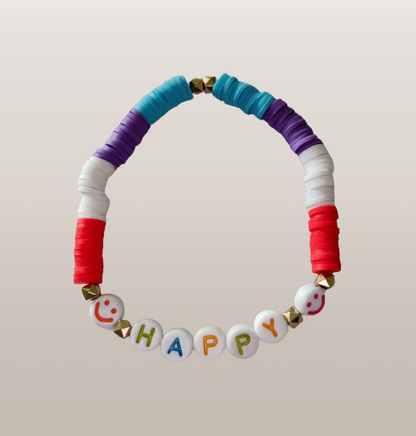 Bracelet - Medium 7 inches elastic "Happy" with colorful clay beads