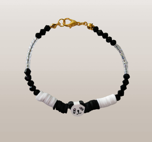 Bracelet - Medium 7.5 inches panda elastic black & white clay bi-cone and seed beads with gold lobster claps