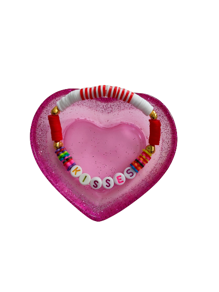 Bracelet - Medium 7 inches elastic "Kisses" with red & white clay beads and gold heart spacer beads