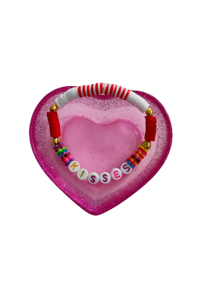 Bracelet - Medium 7 inches elastic "Kisses" with red & white clay beads and gold heart spacer beads