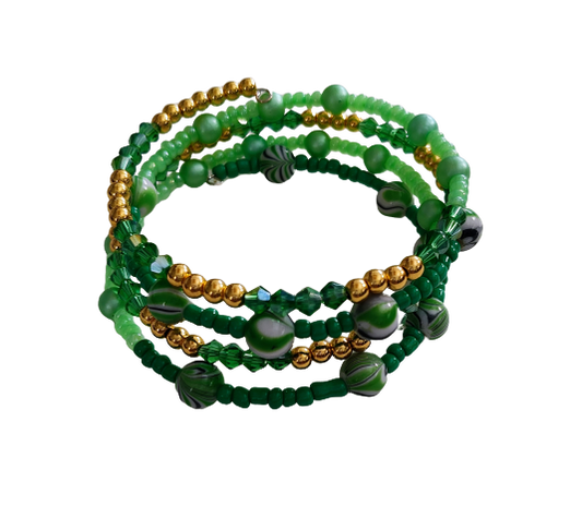 Bracelet - 4 coil Green beads with  gold spacer beads memory wire bracelet