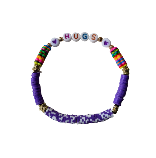 Bracelet - Large 8 inches elastic "Hugs" with purple and colorful flower clay beads and gold spacer beads