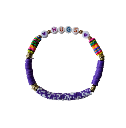 Bracelet - Large 8 inches elastic "Hugs" with purple and colorful flower clay beads and gold spacer beads