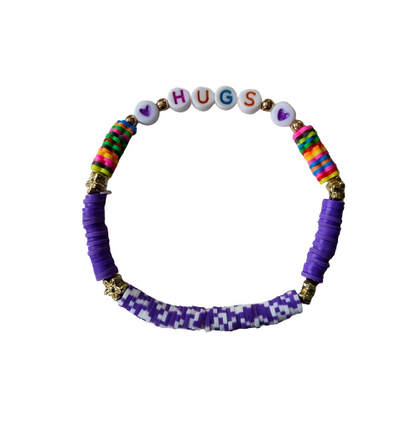 Bracelet - Large 8 inches elastic "Hugs" with purple and colorful flower clay beads and gold spacer beads