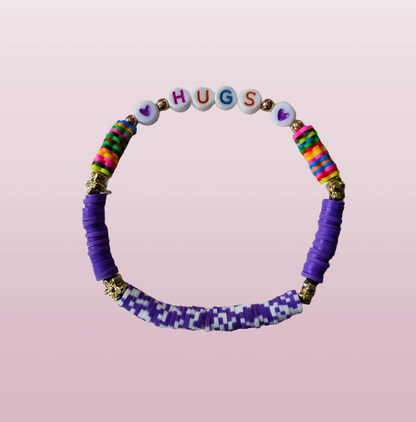 Bracelet - Large 8 inches elastic "Hugs" with purple and colorful flower clay beads and gold spacer beads