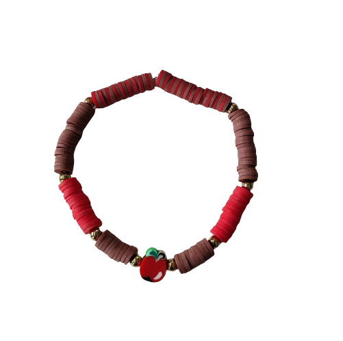 Bracelet - Medium 7.5 inches elastic red & brown clay beads and an apple clay bead and gold spacer beads