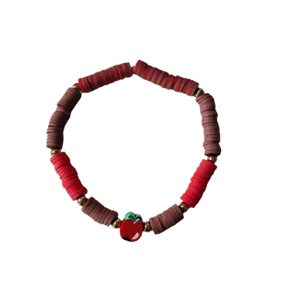 Bracelet - Medium 7.5 inches elastic red & brown clay beads and an apple clay bead and gold spacer beads