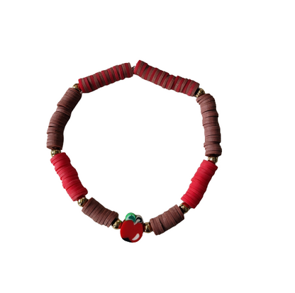 Bracelet - Medium 7.5 inches elastic red & brown clay beads and an apple clay bead and gold spacer beads