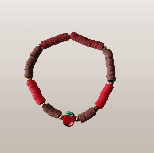 Bracelet - Medium 7.5 inches elastic red & brown clay beads and an apple clay bead and gold spacer beads