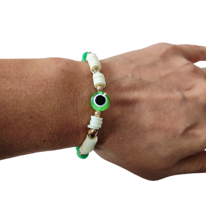 Bracelet - Medium 7.5 inches elastic evil eye with clay beads and gold spacer beads