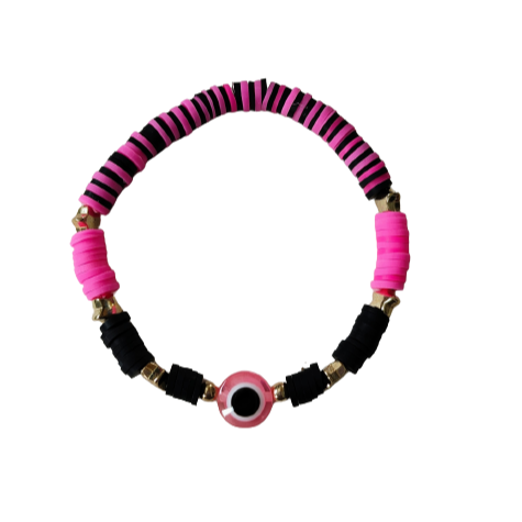 Bracelet - Medium 7.5 inches elastic evil eye with clay beads and gold spacer beads