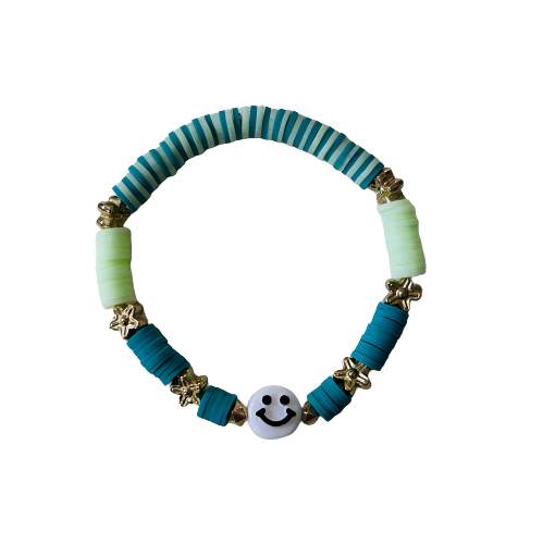 Bracelet - Elastic teal & mint clay beads and gold spacer beads and a happy face acrylic bead