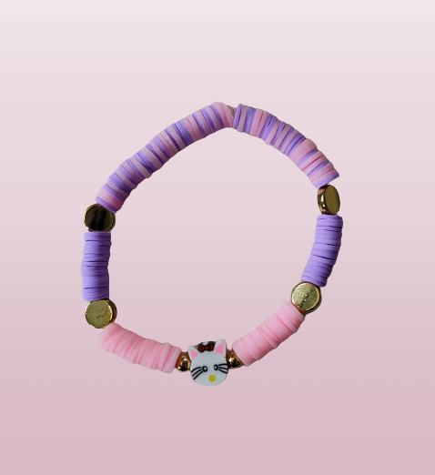 Bracelet - Elastic pink & purple clay beads with white cat clay bead and gold spacer beads