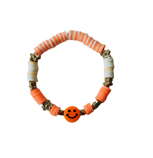 Bracelet - Elastic orange & yellow clay beads and gold spacer beads and a happy face acrylic bead