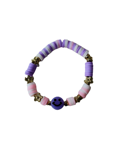 Bracelet - Elastic colorful clay beads and gold spacer beads and a happy face acrylic bead