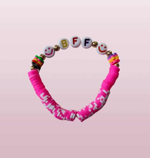 Bracelet - Xsmall 5.5 inches "BFF" with colorful clay beads and gold spacer beads