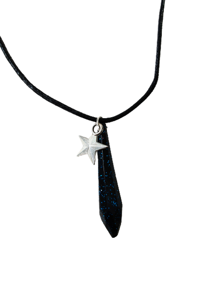 Necklace - Adjustable black waxed cotton cord with resin crystal and silver star charm