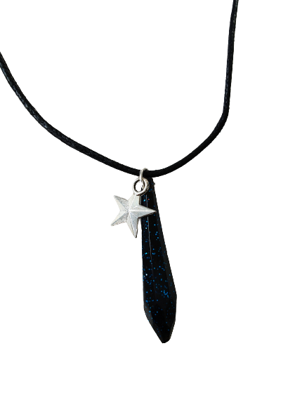 Necklace - Adjustable black waxed cotton cord with resin crystal and silver star charm