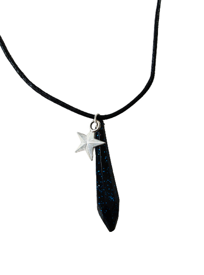 Necklace - Adjustable black waxed cotton cord with resin crystal and silver star charm