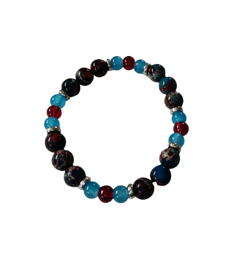 Bracelet - Elastic  blue, red and brown tones 8mm & 6 mm glass beads with silver spacers