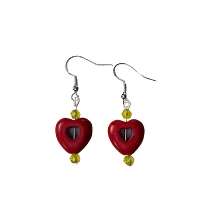 Earrings - Heart bead with 4mm crystal beads on hook