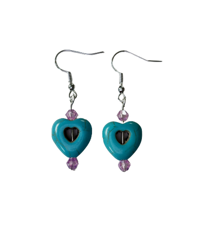 Earrings - Heart bead with 4mm crystal beads on hook