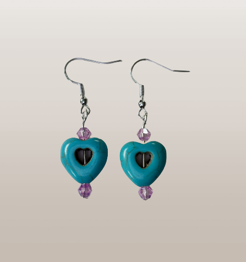 Earrings - Heart bead with 4mm crystal beads on hook