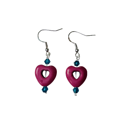 Earrings - Heart bead with 4mm crystal beads on hook